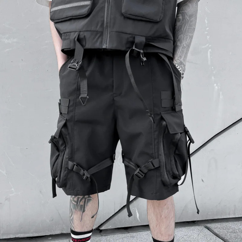 Multi Pockets Street Punk Hip Hop Cargo Shorts Mens Tactical Techwear Knee Length Wide Leg Short Pants 250225