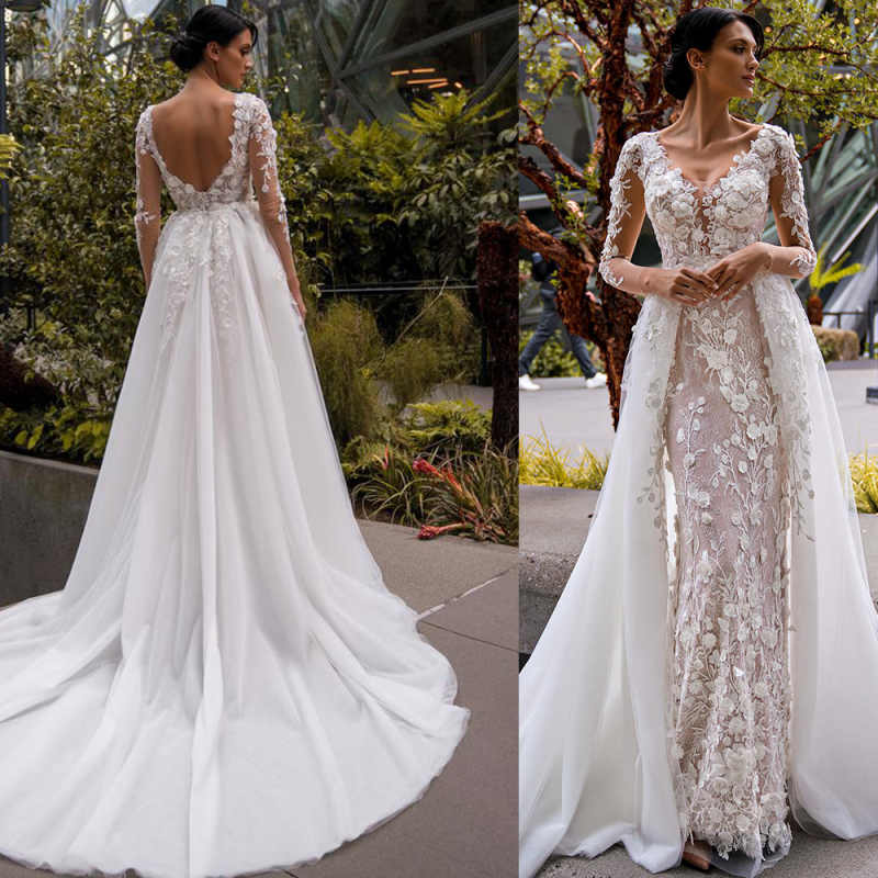 Customized Vintage Mermaid Wedding Dress With Detachable Train V Neck wers Appliques Long Seeve Princess Bridal Gowns
