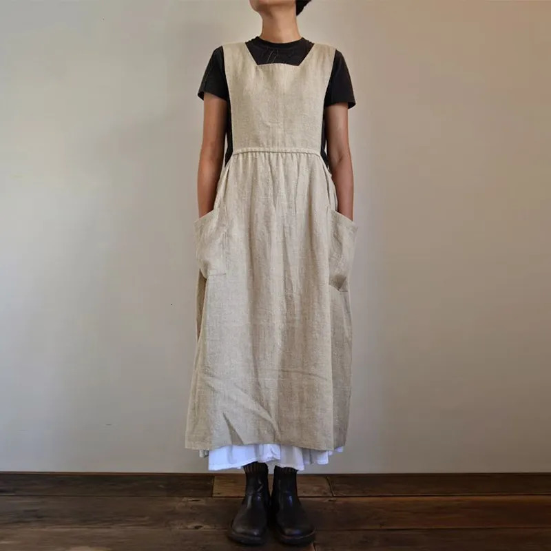 3 Color Oversized S-5XL Loose Cotton Linen Apron Midi Dress For Women Casual Pocket Homewear Solid Color Kitchen Uniform 250226