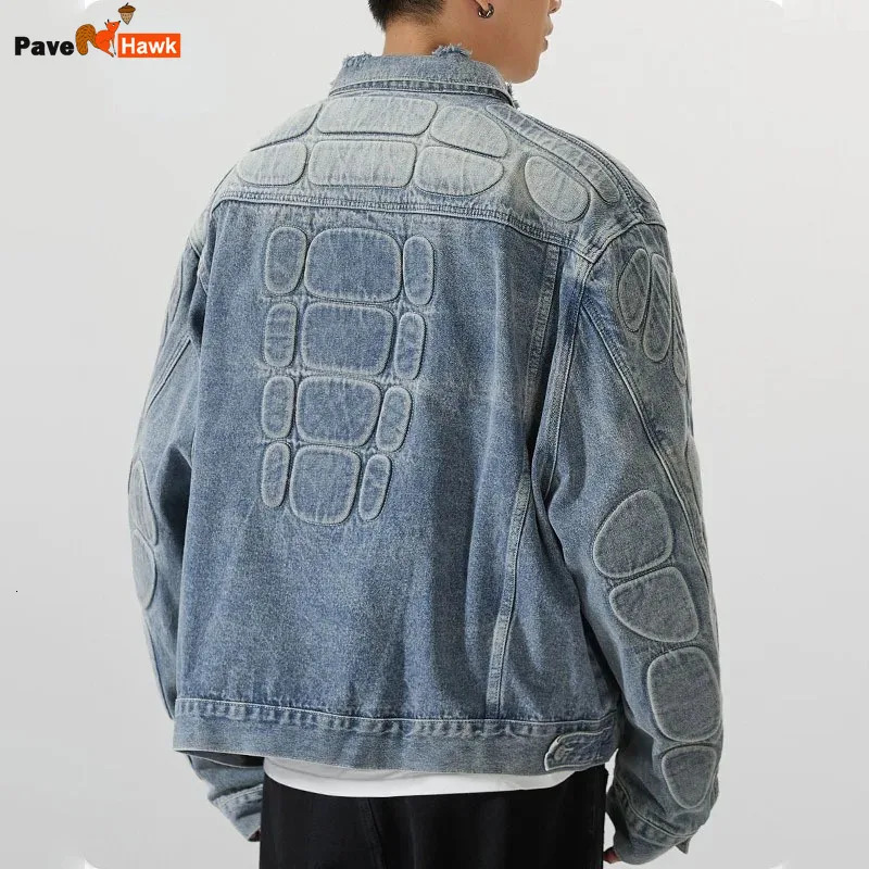 Retro denim jacket mens convertible turtle shell pattern hip-hop bomber jacket high street loose American ripped denim jacket 250225