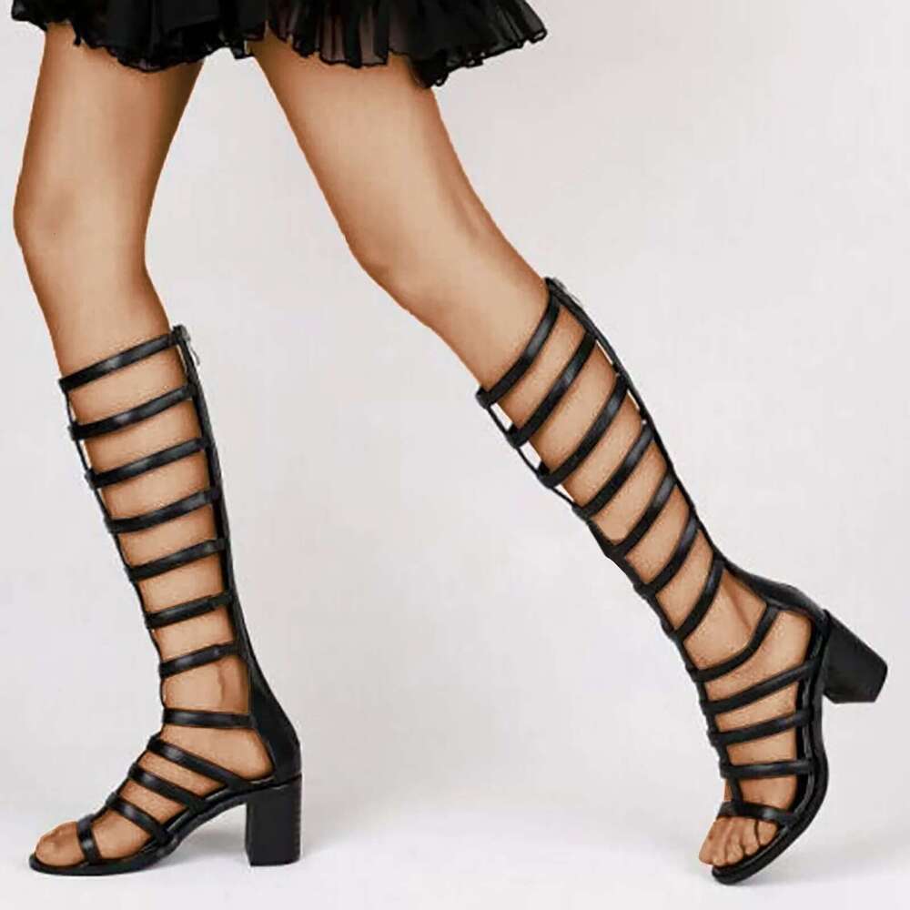 Summer Long Knee Length High Heeled Hollow Back Zippered Roman Sandals For Women Sandalias De Mujer Verano