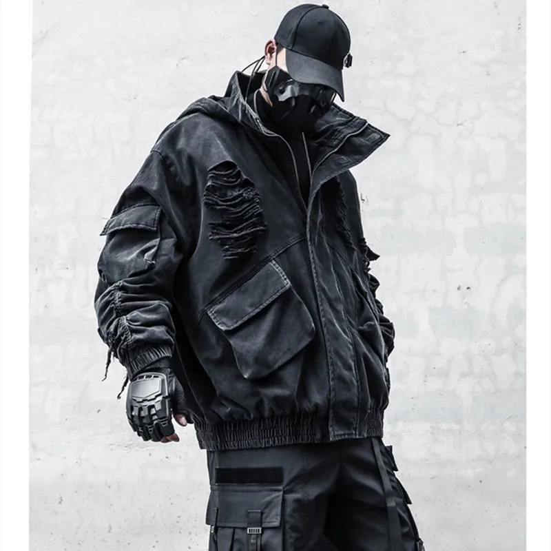 Outdoor hip-hop Techwear style ripped hole punk denim jacket mens winter wash retro black hooded denim jacket windproof 250225