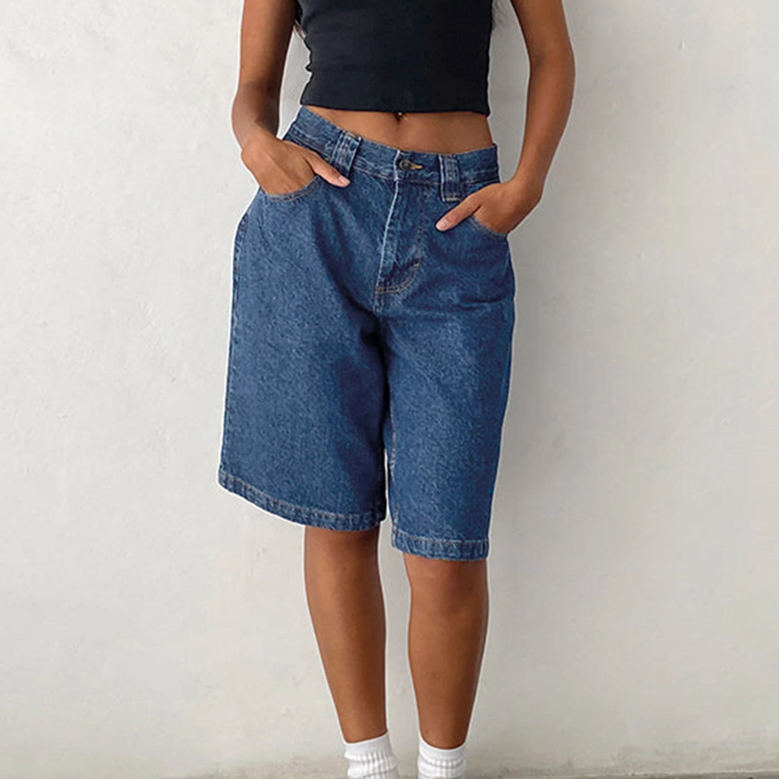Imcute Women Baggy Denim Bermuda Shorts Y2k Vintage Straight Leg Denim Shorts Casual Knee Length Jean Jorts with Pockets 250227
