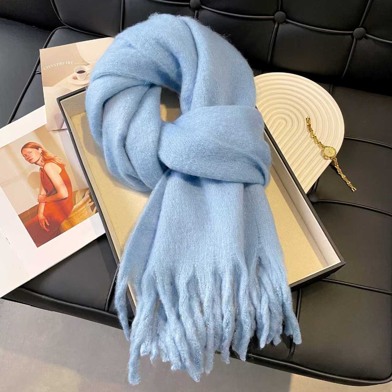 K019 Icelandic sea salt blue scarf for women autumn and winter new arrival mohair pure color versatile neck warm imitation cashmere shawl