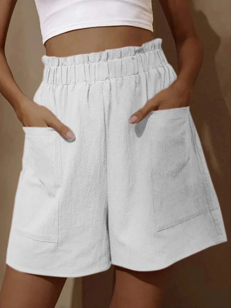 Summer Loose Large Size Casual Shorts Solid High Waist Pants Two Pockets Wide Leg Female Sport 250228Z
