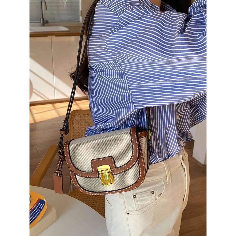 Small 2025 New Style Contrast Panel Canvas Retro One Shoulder Crossbody Saddle Bag