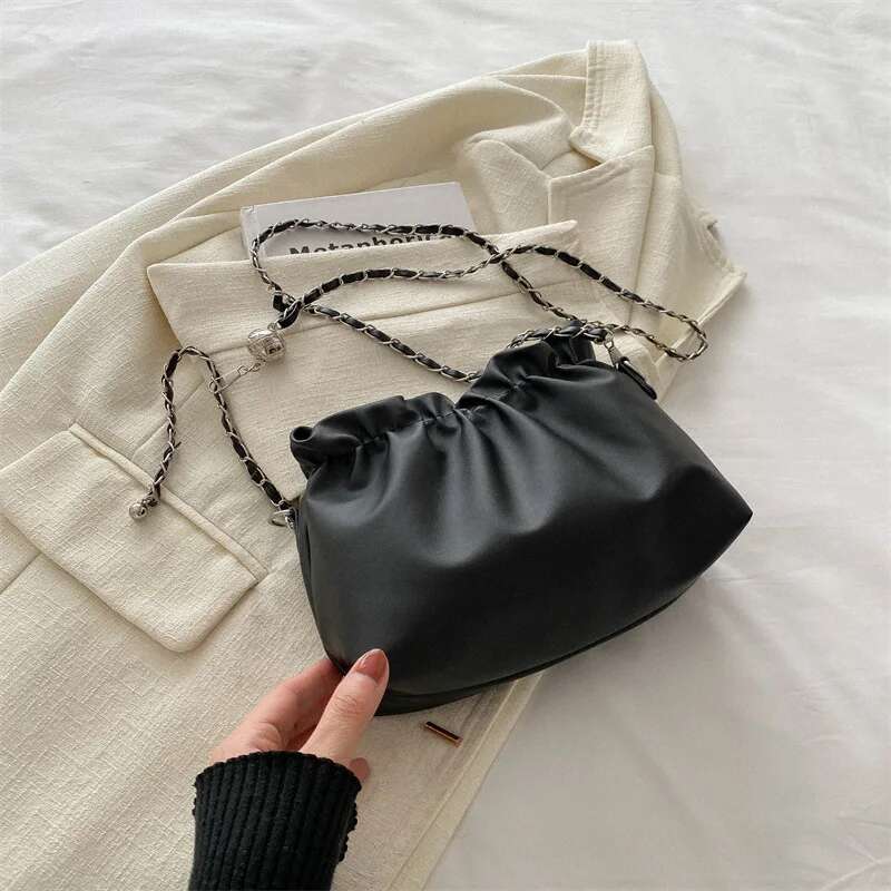 French Crossbody Fashion Shoulder Bucket Pure Colour Leisure Large Capacity Women's Bag Chain Decoration PU Mate