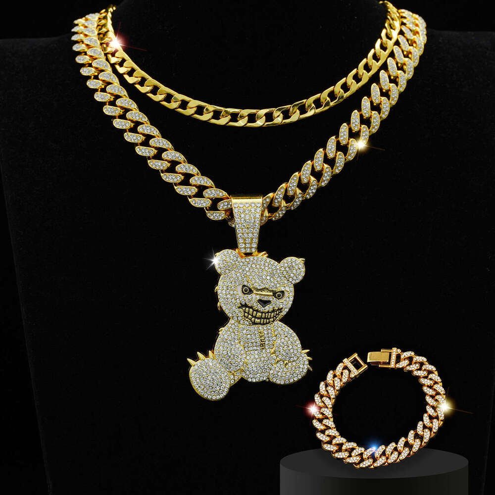 Jewelry Fashion Full Dia Bear Pendant Necklace Men's Hip Hop Cuban Chain Bracelet Three Piece Set