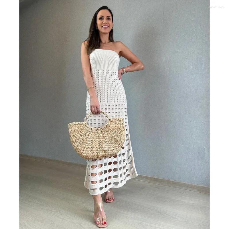 Summer Sexy Hollow Out Bandeau Dress Knitted Bikini Cover-ups Women See Through Maxi Solid Swimsuit Beach Cover Up