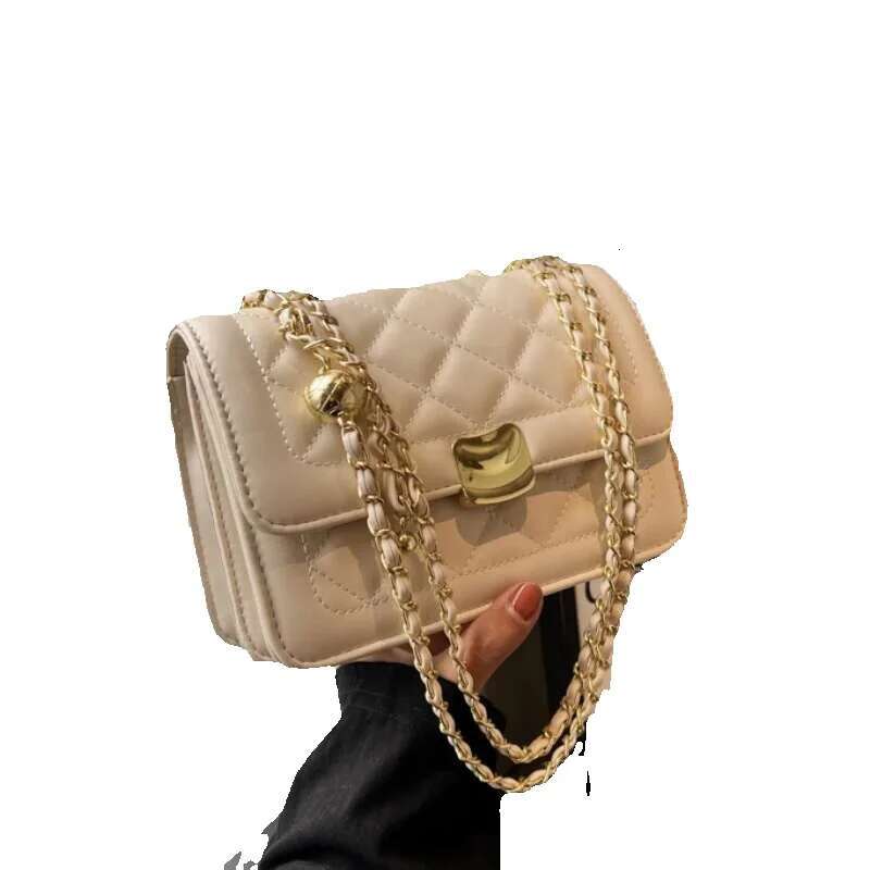 New Solid Color Shoulder Versatile Checkered Girl Crossbody Fashion Chain Women's Bag Metal Decoration PU Material