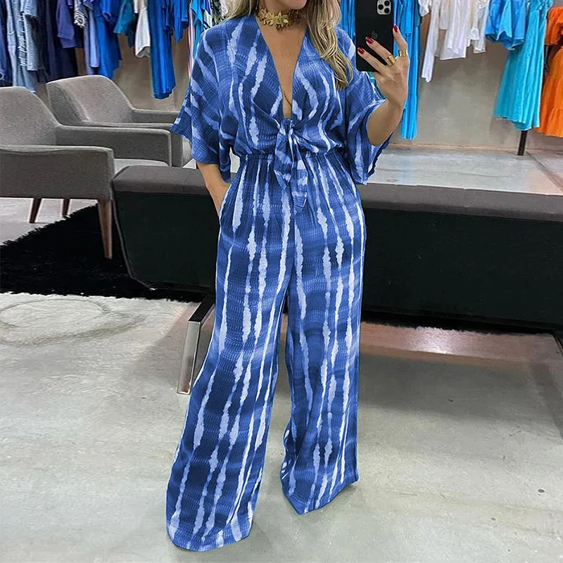 Wefads Women Jumpsuit Dolman Sleeves V Neck Lace Up Nipped Waist Printing Loose Wide Legs Casual Pants Romper High Streetwear 250225