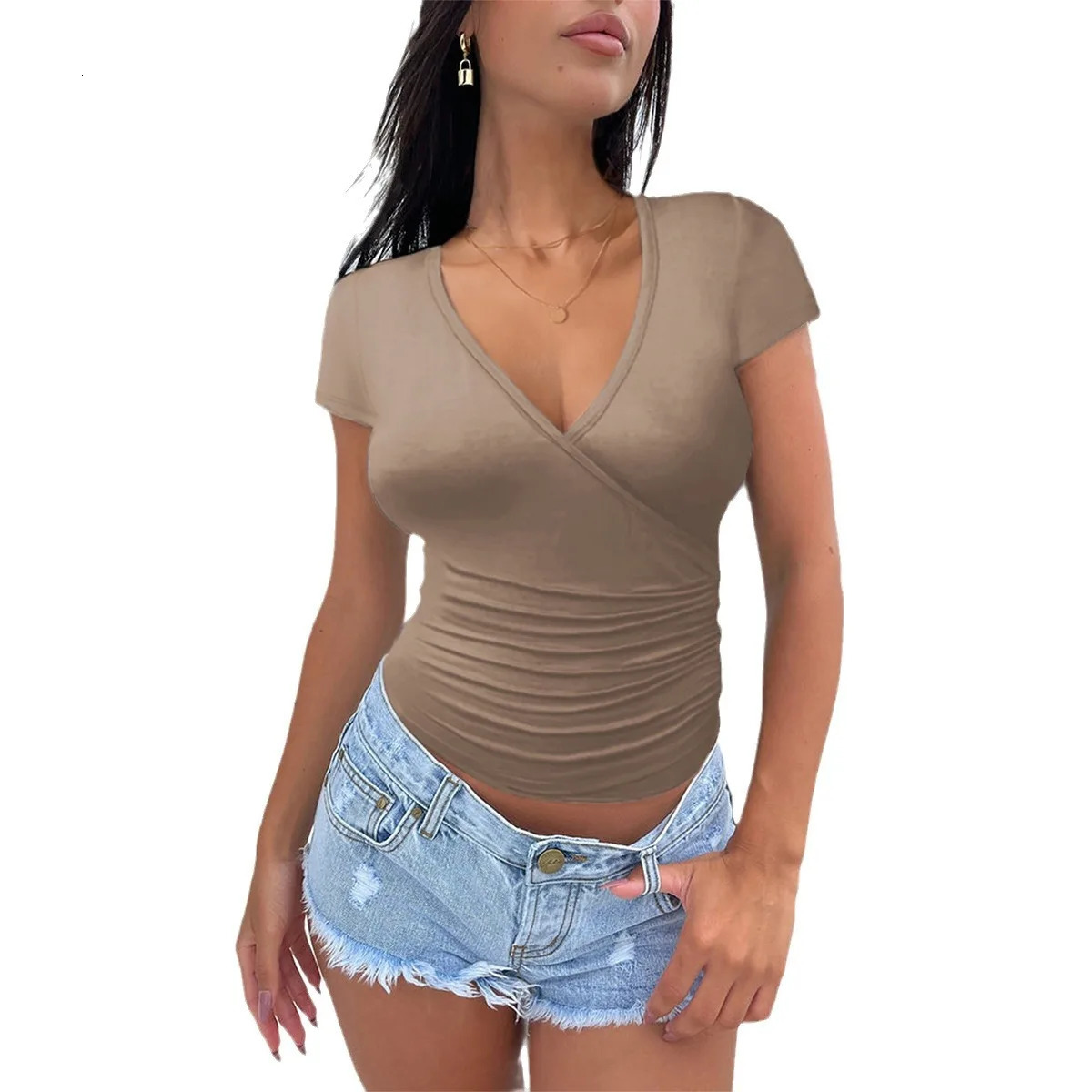 YJKDYK 2025 Summer Womens T-shirt Slim Fit Ladys Short Sleeve Tops Solid Color V-neck Female Base Shirt Crop Top Female 250227