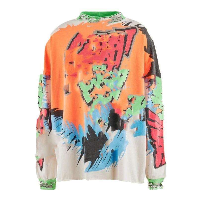 New Hip Hop American Trendy Collar Letter Splicing Men's Women's Long Sleeves Washed and Used Graffiti Loose Round Neck