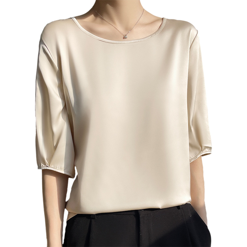 Breathable silk satin spring and summer new women's clothing round neck loose solid color acetic acid satin versatile T-shirt top