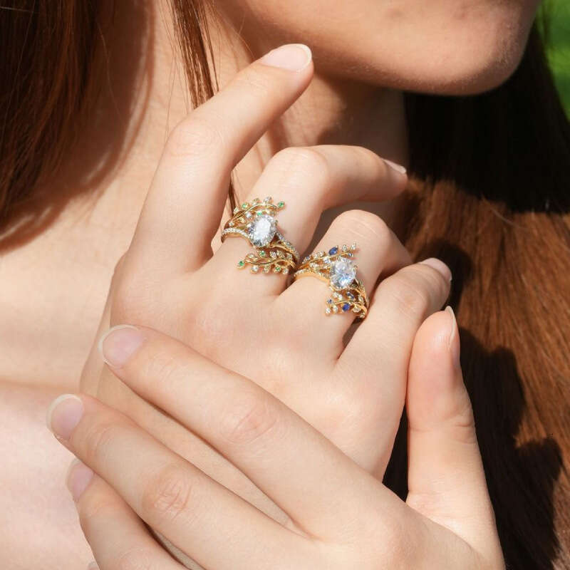 designer ring Copper inlaid colored zircon set, creative design, leaf ring, hot selling wedding ring accessories