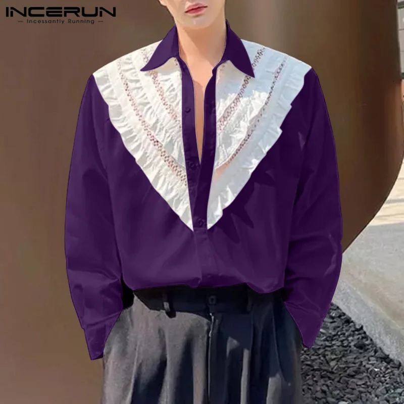 Fashion Well Fitting Tops INCERUN Mens Spliced Ruffled Edge Hollow Shirt Male Casual All-match Long Sleeved Blouse S-5XL 250224