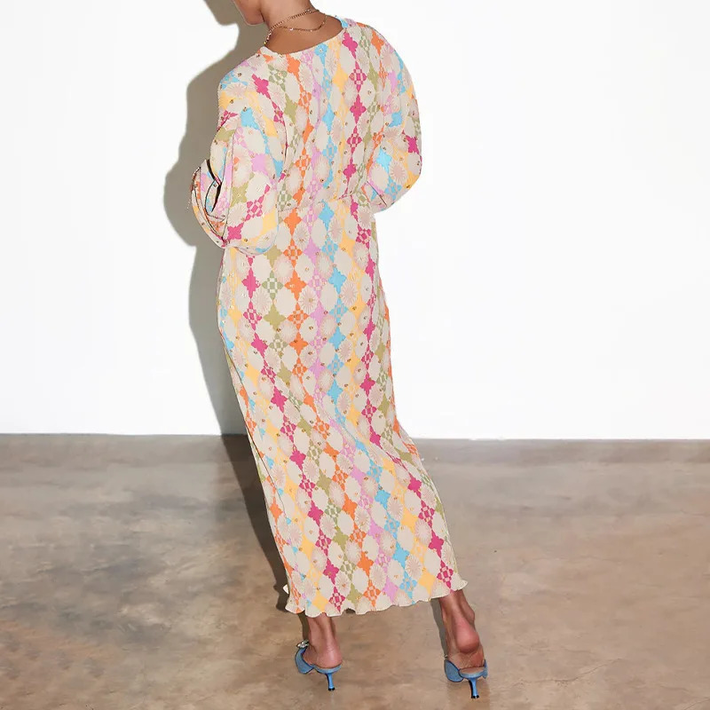 Summer Women Geometric Patterns Print on Dress V-neck Puff Sleeve Loose Pleated Midi Dress Female Robes Plus Size S-3XL 250226