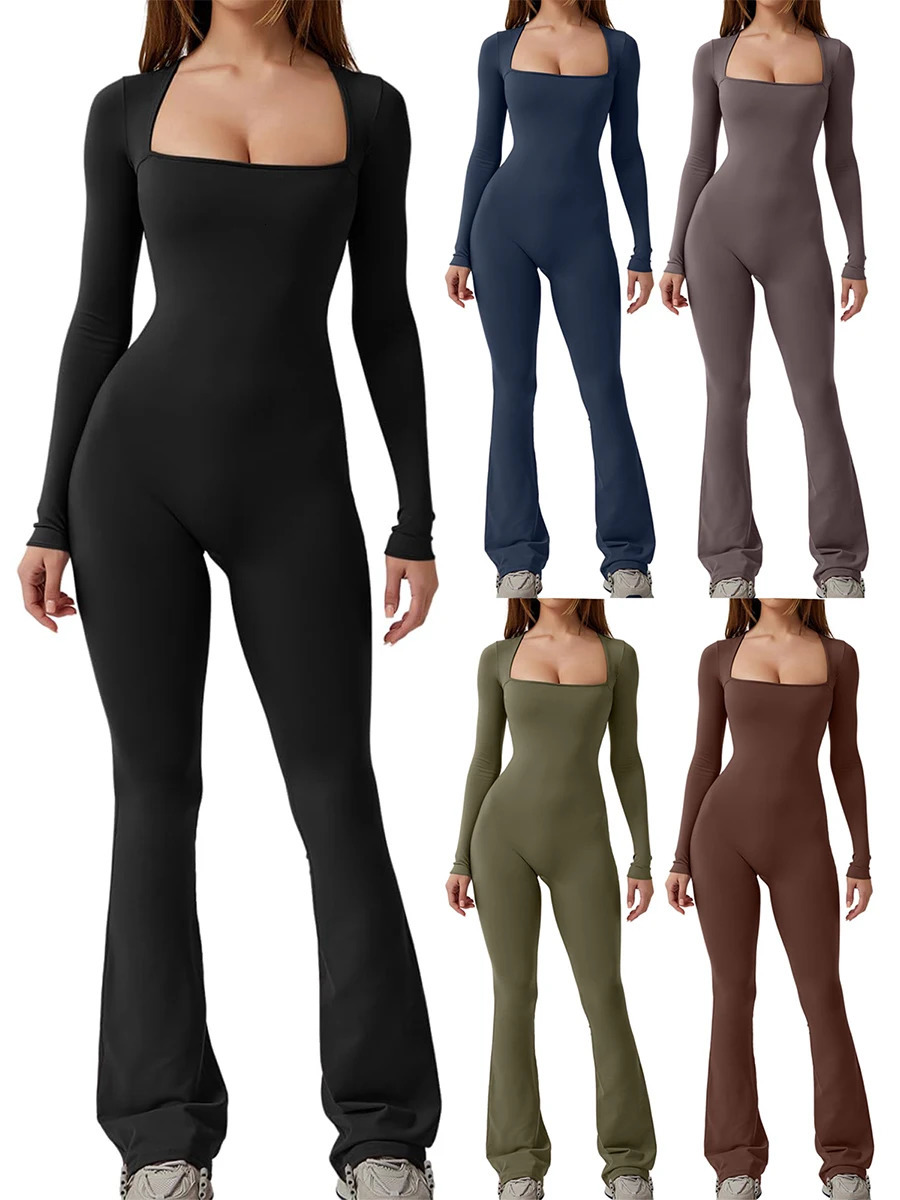 Womens Skinny Jumpsuits Autumn Casual Long Sleeve Square Neck Solid Color Slim Fit Overalls Ladies Fall Romper Club Streetwear 250225