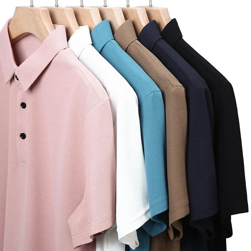 Mens casual waffle short sleeved polo shirt fashionable solid color top 250224