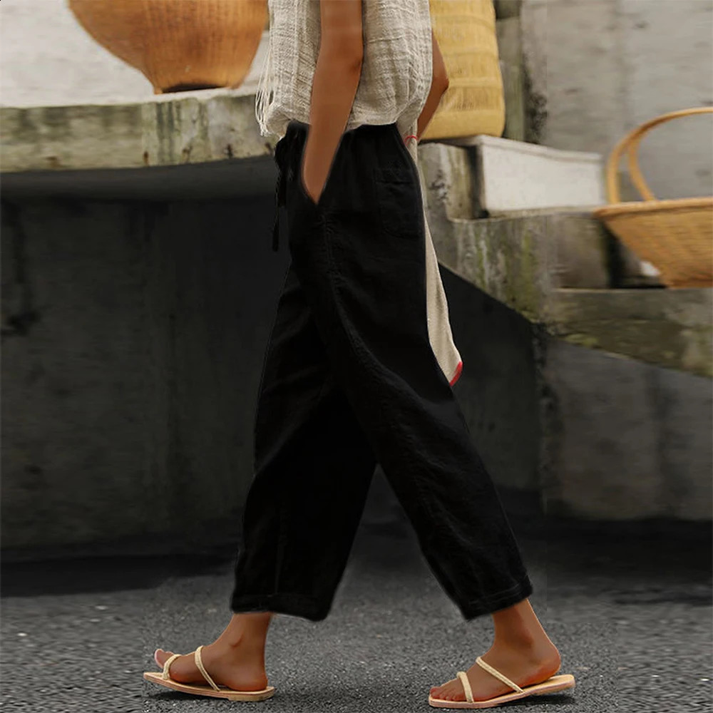 Women Simple Casual Trousers Cotton Linen Solid Color Pockets Drawstring Trousers Summer Thin Ladies Elastic Waist Chino Pants 250226