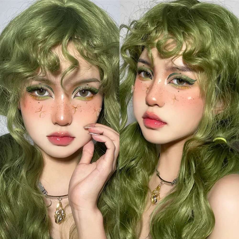 HENRY MARGU Light Green Curly Synthetic Wigs Long Colorful Wig With Bangs Heat Resistant Fiber For Cosplay Party Women Girls Use