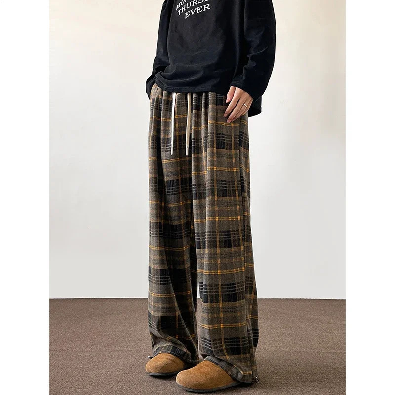 Korean flat bottom pants Harajuku mens autumn wide leg checkered mens oversized casual sports pants Y2k streetwear mens 250225