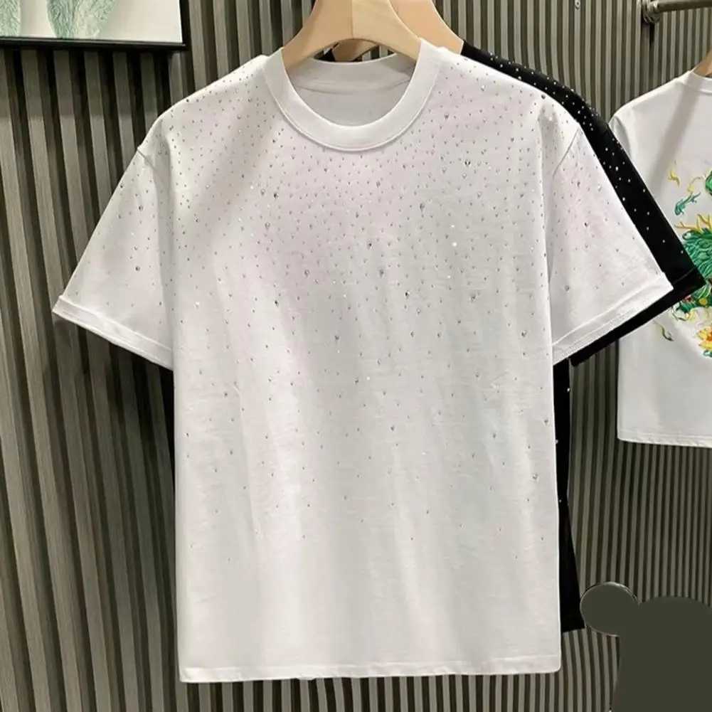Loose Fit Men Top Men Rhinestone Design T-shirt Stylish Rhinestone-decorated Unisex Couple T-shirts Loose-fit for WearT250227