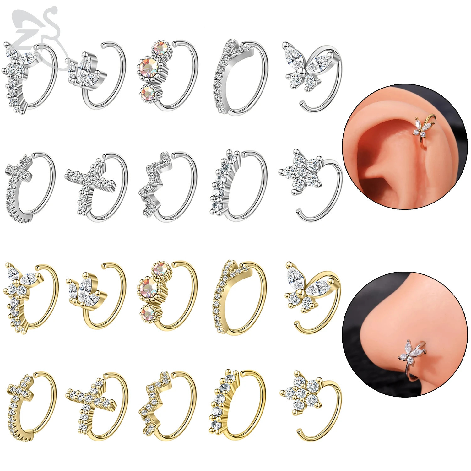 ZS 1 Set CZ Crystal Hoop Nose Ring For Women Girls Butterfly Cross Shape Nostril Piercings Ear Cartilage Helix Piercing Jewelry 250227