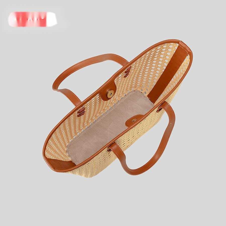 Spring summer hollowed out handmade straw woven bucket bag, large capacity rattan woven single shoulder handbag, women's beach bag 250215