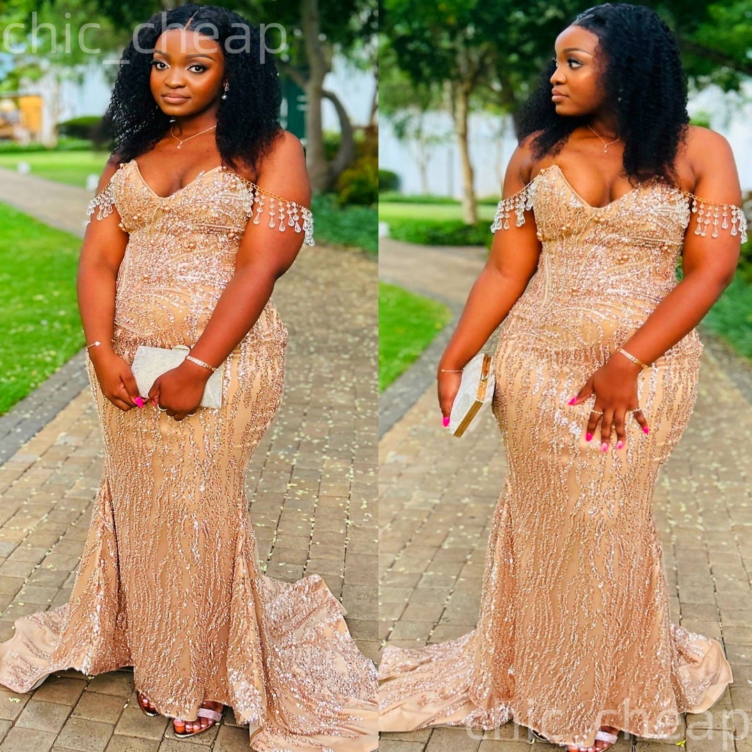 Gold Illusion Mermaid Prom Dresses 2025 Sequined Pearls Crystals Evening Formal Party Second Birthday Engagement Gowns Plus Size Dress For Special Occ