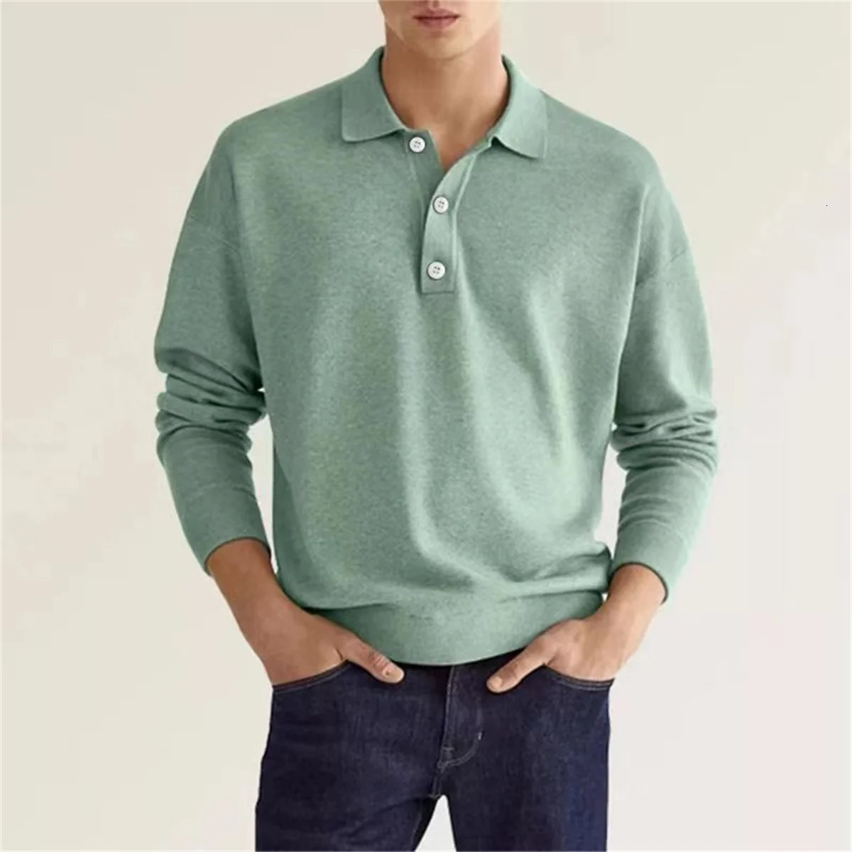Spring and Autumn Style Mens Business Leisure Office Relaxed Breathable Solid Color Button V-Neck Long-Sleeved Polo Shirt 250227