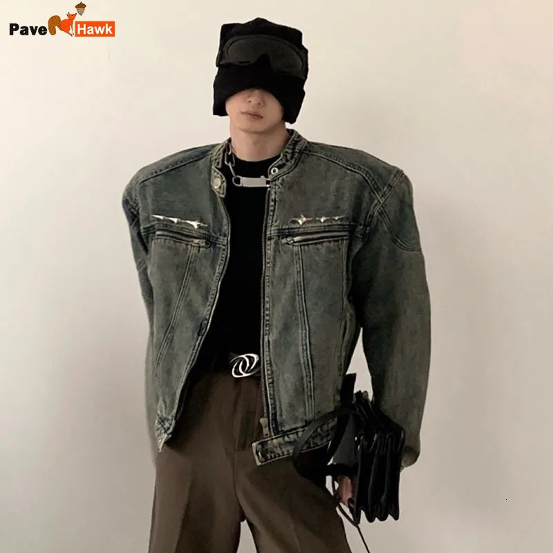 American Vintage Washed Short Denim Jacket Men Autumn Distress Coat Male Tops Fashion High Street Zipper Outwear 250225