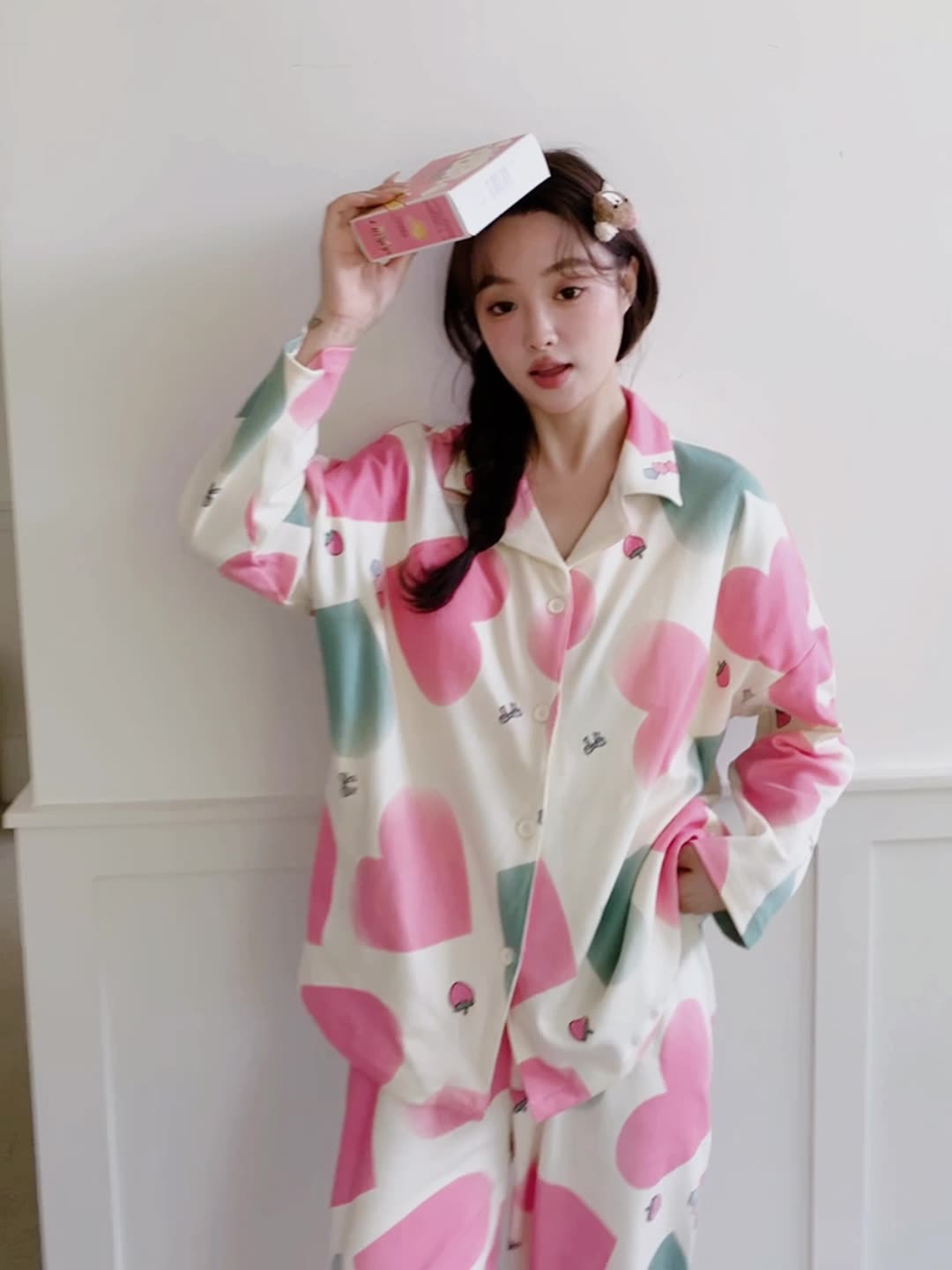 G220 New Women's Double Long Cardigan Lapel Cartoon Printing Pull-on Cotton Comfortable Set Pajamas