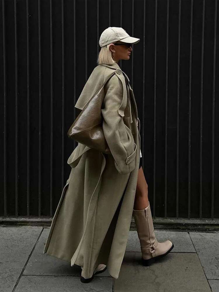 Vintage Double Breasted Lapel Women Long Coat Elegant Full Sleeve Loose Female Jacket With Belt Autumn Casual Ladies Streetwear