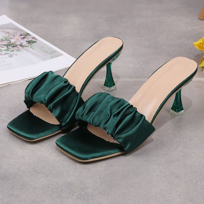 2025 Summer New One Word Slippers With Folded Suede Square Head Thin Middle Heel Cool Dragging Open Toe High Heels Women's Shoes For Outdoor Wear