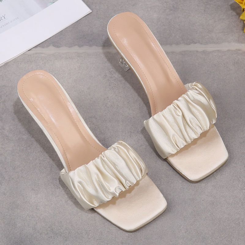 2025 Summer New One Word Slippers With Folded Suede Square Head Thin Middle Heel Cool Dragging Open Toe High Heels Women's Shoes For Outdoor Wear