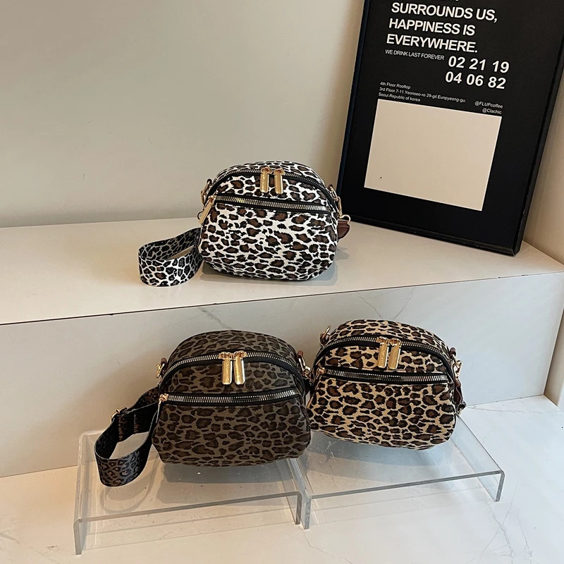 Casual Leopard Print Small Circular Shoulder Bags Personality Compact Portable Wide Straps Womens Crossbody Bags 2025 250218