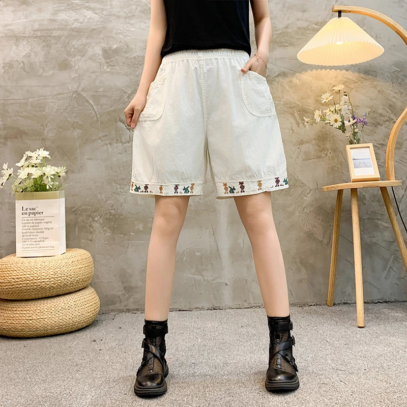 Plus Size Commute Summer Thin Cotton Elastic Pants Solid Spliced Pockets Epaulet Loose Straight Casual High Waist Shorts 250228Z