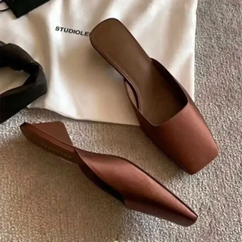 Satin Sandals Women Summer Sexy Square Head Strange Low Heel Slide Sandals Chunky Heel Elegant Mule Slippers Women 250227