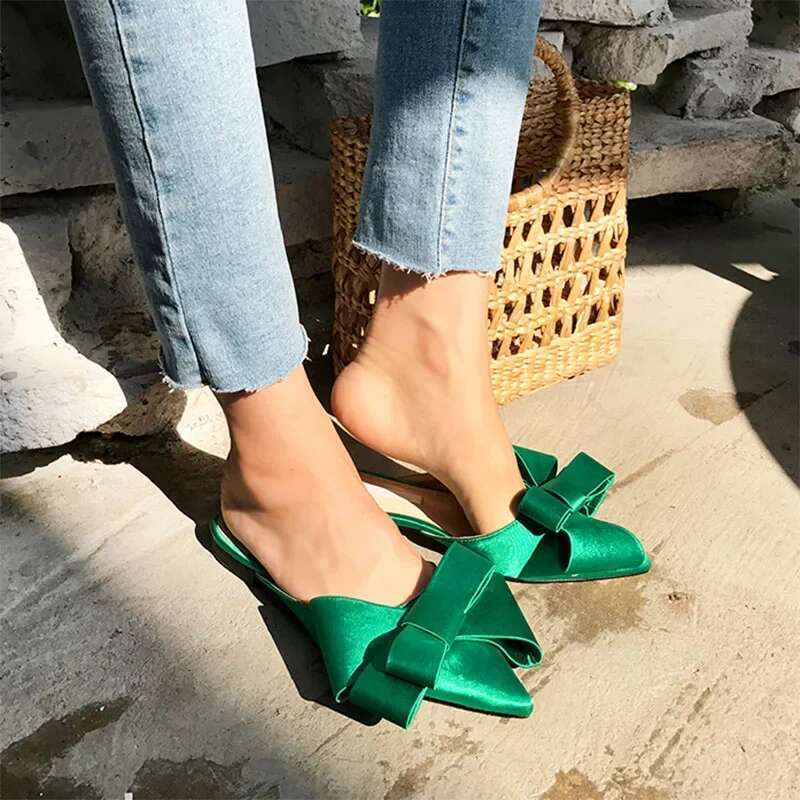 Spring and Summer Women's Shoes Korean Silk Satin Pointed Bow Tie Baotou Flat Heel Sets Semi Slippers