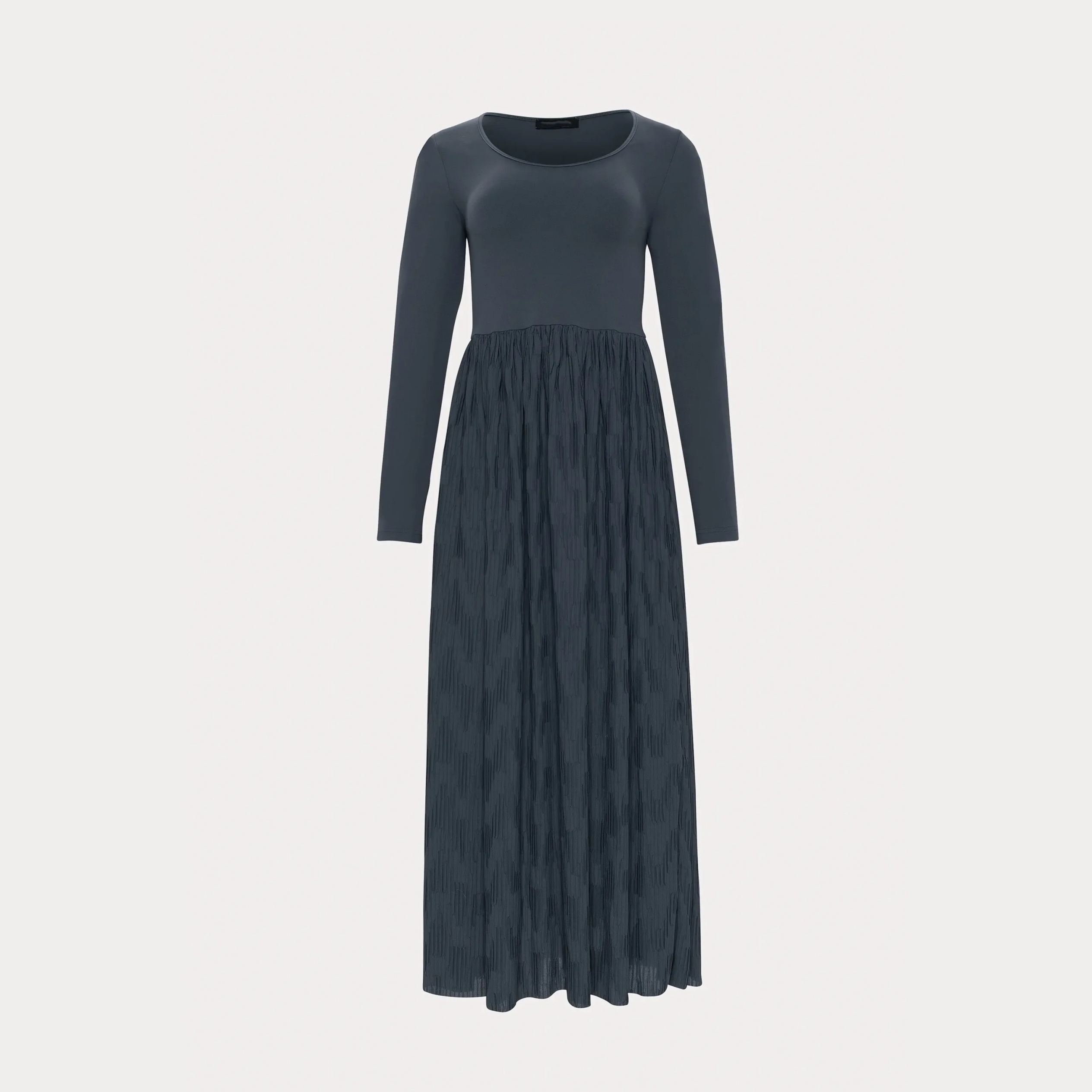 Women's Casual Dark Gray Maxi Long Pleated Dress with Scoop neckline Long sleeves