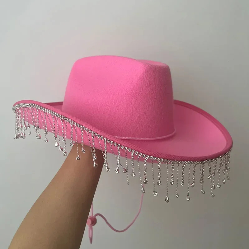 Rhinestone Fringe Western Cowboy Hat Tiara Cowgirl Hat Western Style Girl Wide Brim Felt Cowgirl Cap Costume Cosplay Party Hats 250227