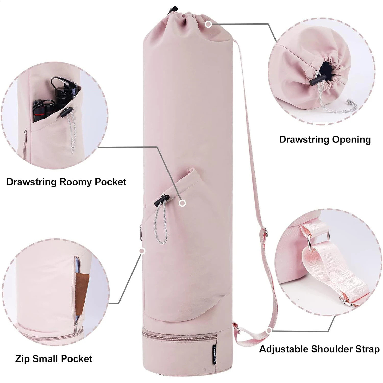 Yoga Mat Bag - Large Opening Long Tote with Waterproof Wet Pocket and Drawstring Water Bottle Pocket Adjustable Strap 250221