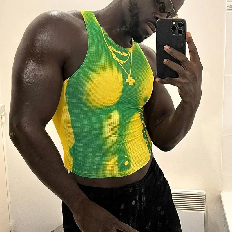Sexy nightclub vest mens elastic ultra-thin sleeveless shoulder strap crop top mens fashionable street clothing vest Y2K printed basic top vest 250226