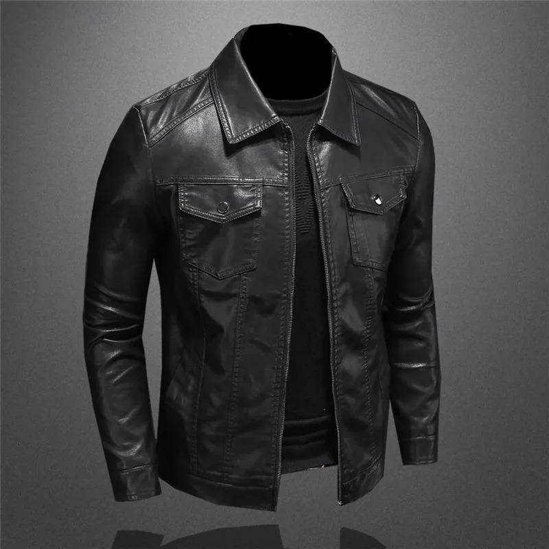 Mens Motorcycle Leather Jacket Large Size Pocket Black Zipper Lapel Slim Fit Male Spring and Autumn High Quality Pu Coat M5Xl 250225