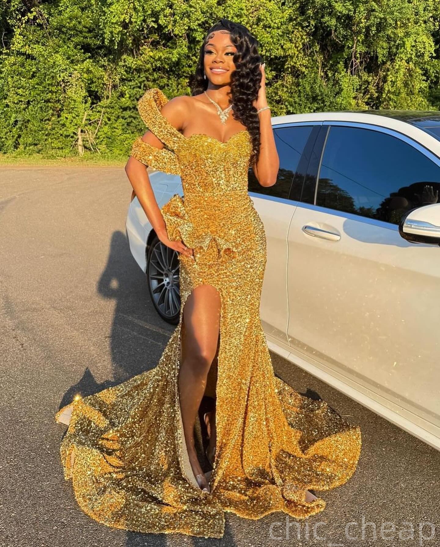Gold Mermaid Prom Dresses 2025 Sweetheart Crystals Sequined High Split Evening Formal Party Second Birthday Engagement Gowns Plus Size Dress For Speci