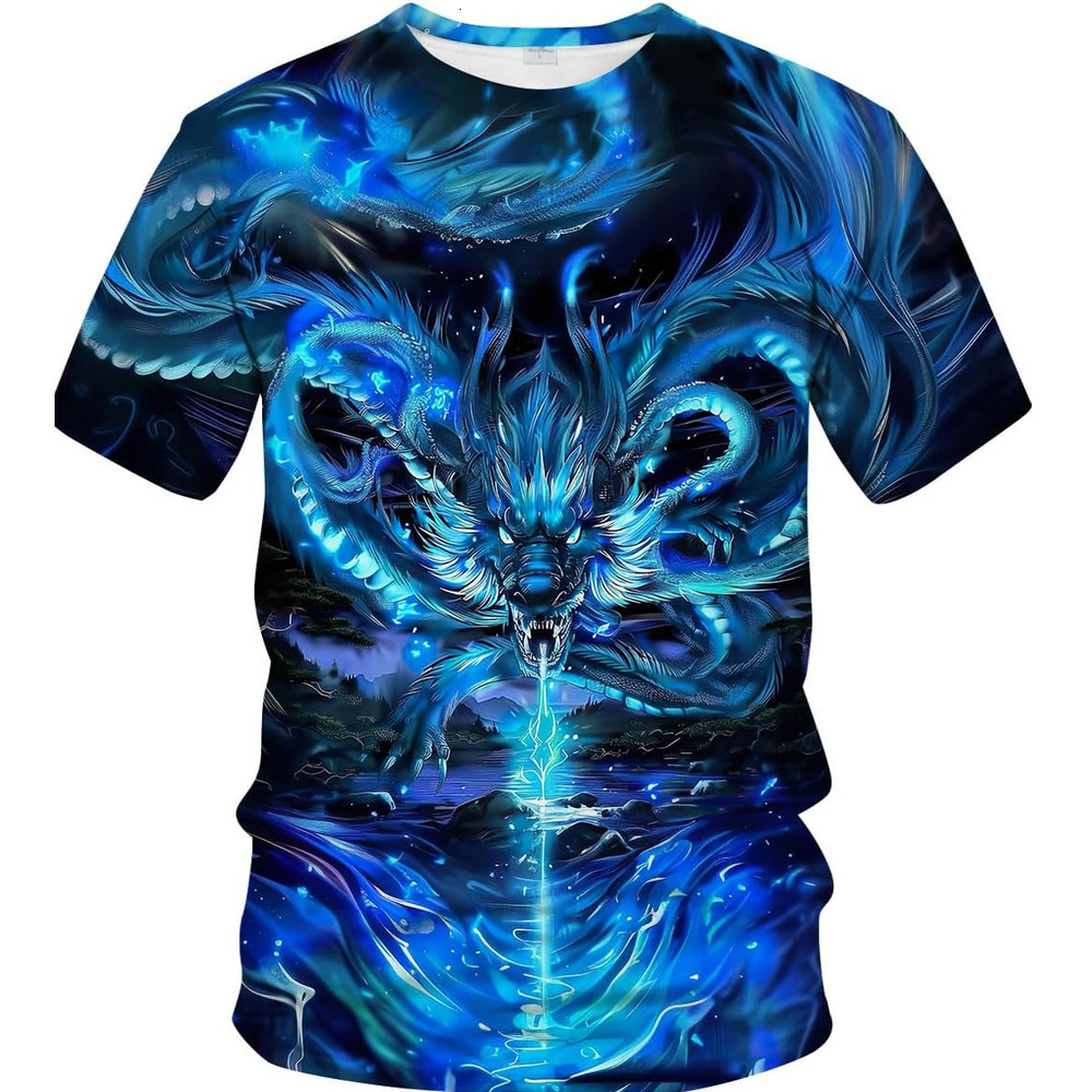 Mens T shirt Mythology Chinese Dragon T-Shirt Funny Anime Graphic Tee Shirt tee Casual tops summer clothes Cool Blue