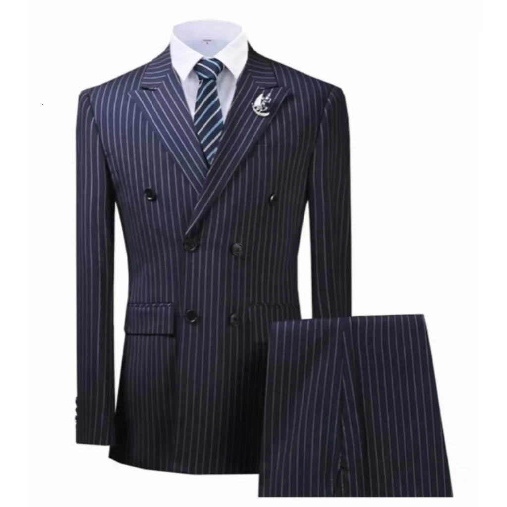 High Quality Mens Slim Striped Suit 2 Piece Blazer Pants Sets Double Breasted Slim Fit Casual Formal Suit Business 250224