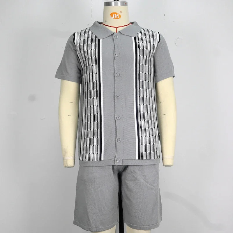 Summer mens knitted shirt set single chest casual slim fit polo shirt short sleeved set short sleeved daily knitted set 2-piece set 250224