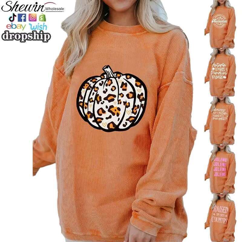 Wholesale Fall Printed Vintage 2025 Custom Blank Corduroy Pullover Corded Crewneck Sweatshirt For Women